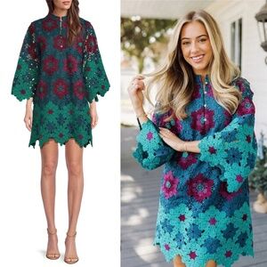 J.Marie Asher 3D Geometric Lace Mandarin Collar Button Front Long Sleeve Straigh